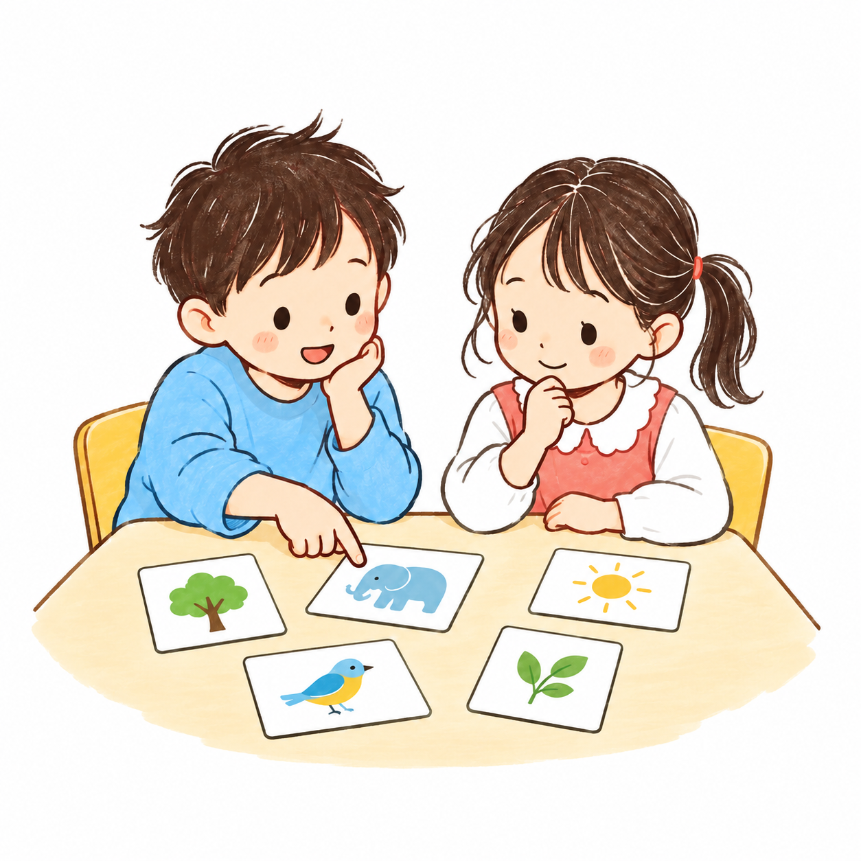 カードを使って一緒に考える子どもたちのイラスト