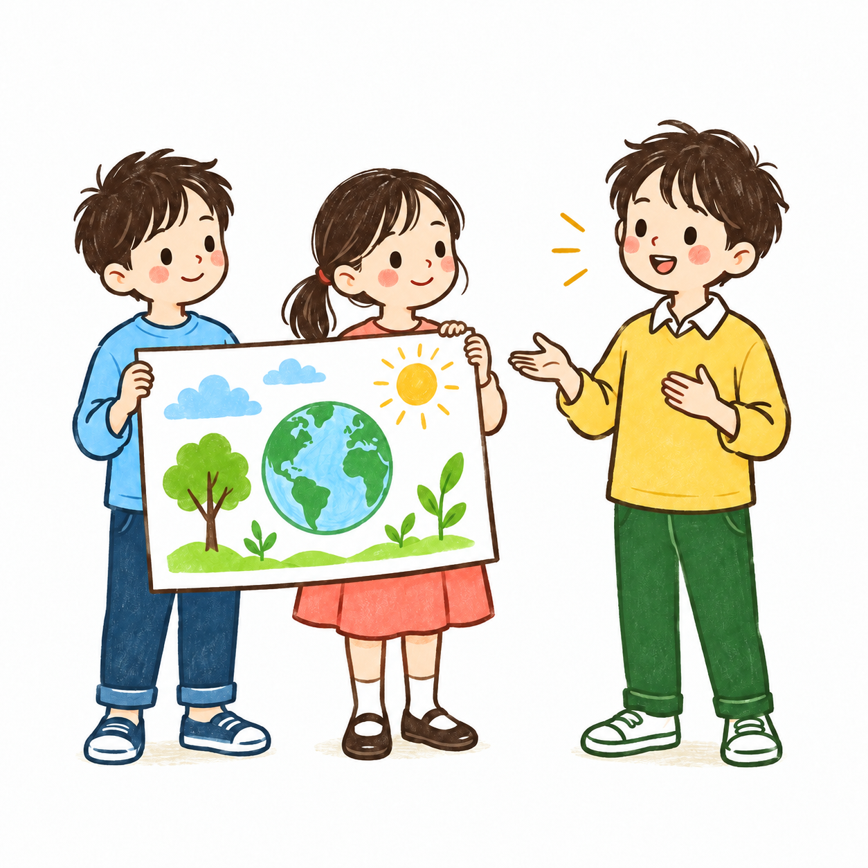 仲間と協力して発表する子どもたちのイラスト